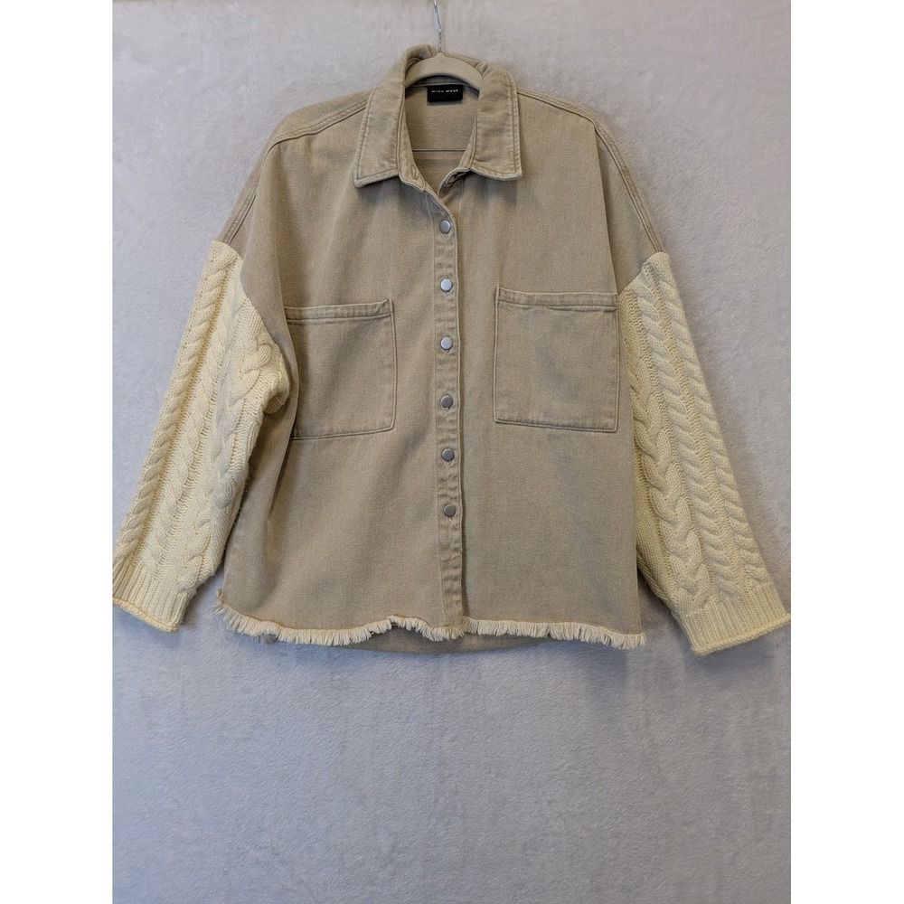 MIOU MUSE Women's Size S/M Tan Denim Jacket Oversized Cream Knit Sleeve